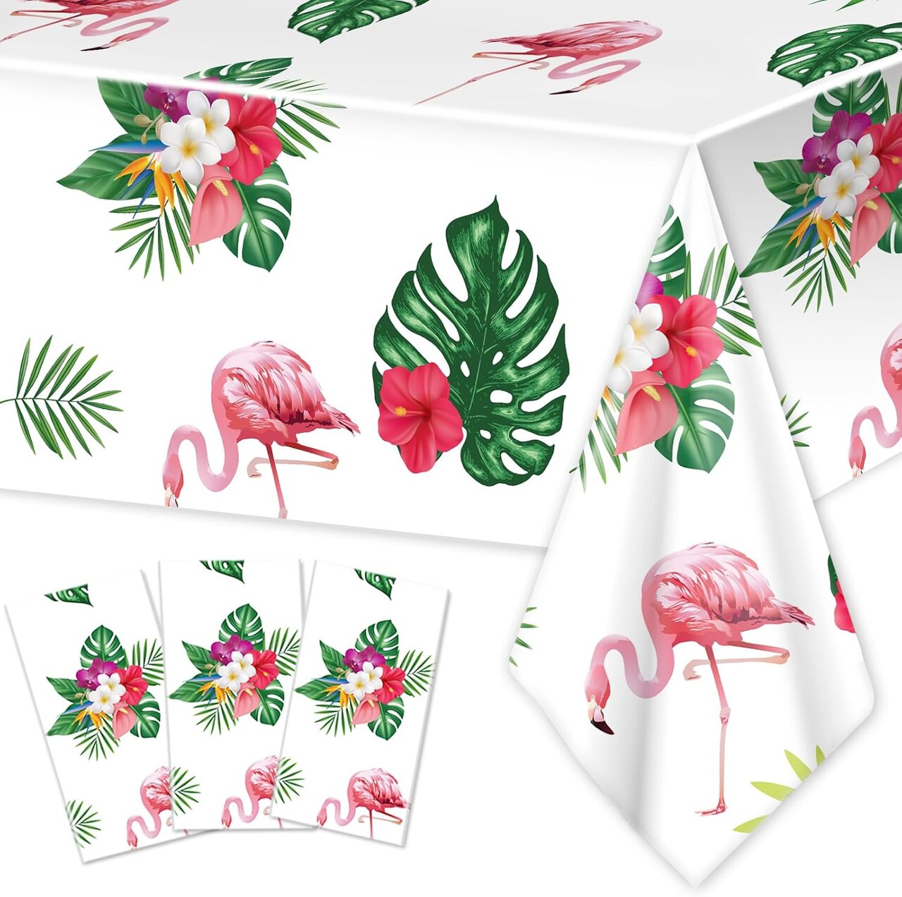 3 PCS Hawaiian Luau Tablecloth, Tropical Flamingo Disposable Aluminium Rectangular TableCovers, Aloha Tropical Palm Leaves Table Cloth, Summer Beach Table Cloths for Kids Birthday Party Supplies